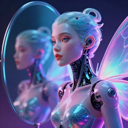 beautiful cybernetic fairy robot with glossy plastic skin looking into an neon gradient mirror, incredible digital art, octane render 1 6 k, volumetric lighting, bender, 3 d masterpiece, astonishing light consistency, ultra detailed facial expression of self - consciousness