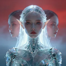( ( ( symmetry ) ) ) closeup portrait of a transparent cyborg girl druid, shattered glass, cinematic light, backlight, red sky blue, misty, by mikhail vrubel, by philippe druillet, by peter elson, by gerald brom, muted colors, ( ( extreme detail ) ), trending on artstation, 8 k