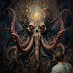 a lovecraftian painting of cthulhu face of cosmic horror, cosmic horror elements, ultra realistic, concept art, intricate details, eerie, highly detailed, photorealistic, octane render, 8 k, unreal engine. art by artgerm and greg rutkowski and alphonse mucha