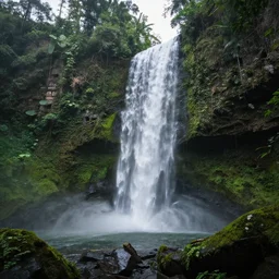 A hidden waterfall in the jungle, Ruins are visible, smokey scene, 8k, professional photography,