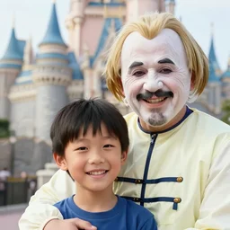 photo of a kid with a man wearing a walter white costume in disney world, highly detailed faces, happiness