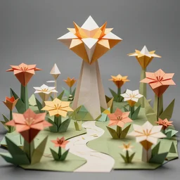 an epic flowering alien landscape in the style of origami, 8 k, cinematic light, artstation