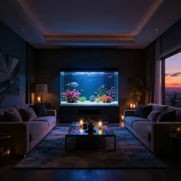 a very dark dreamy luxury maximalist living room, saltwater aquarium with beautiful tropical fish, candlelight, sunset glow, dark shadows, octane render, volumetric lighting, raytracing, symmetrical wide shot low angle