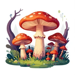 psychedelic mushrooms wide angle shot, enchanted forest, white background, vector art, illustration by frank frazetta