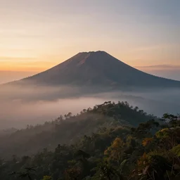 sumeru mountain in indonesia, landscape, aesthetic, sunset, foggy, trending on artstation, realistic, hyper detailed