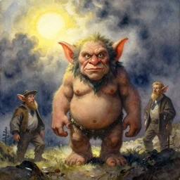 watercolor painting of troll, magical, ambient lighting, art by hans gude, art by hans dahl, by jesper ejsing, art by anders zorn, wonderful masterpiece by greg rutkowski, cinematic light, american romanticism by greg manchess, creation by tyler edlin, heavy clouds and sun