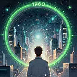 a digital art from back of a scientist looking to a time travel portal in the middle of a city in 1 9 6 0, the portal edge have a neon green light, there is a futuristic city inside the portal.