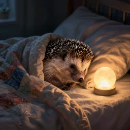 cute hedgehog sleeping in bed with dimmed nightlight beside it, comfortable, night, cute, adorable, covers, blankets, asleep, bed, blankets, patched blanket, warm painted by marius borgeaud, detailed, realistic, cosy, dark