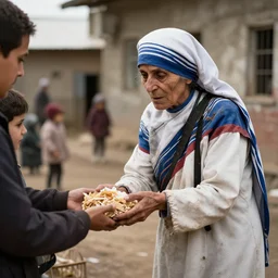 zombie mother teresa giving food out at an orphanage