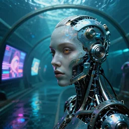 detailed face of a clockwork biomechanical woman, moment, undersea glass tunnel, electronic billboards, tech noir, wet reflections, prism, atmospheric, ambient, pj crook, syd mead, livia prima, greg rutkowski, edward hopper