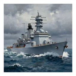 painting of a battleship on a stormy sea