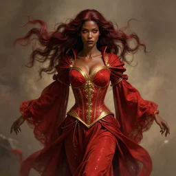 Portrait of a beautiful sorceress, alone!!, dnd, d&d, toned shape, Red robes, golden accents, crimson clothes, corset, young, dark red hair, dark skin, burning eyes, floating, detailed sculptured face!, highly detailed, high fantasy, digital illustration, by Krenz Cushart and Artem Demura and alphonse mucha, artstation, HD, 4K, midjourney