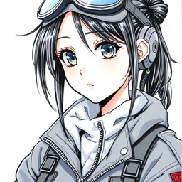 a copic maker manga portrait illustration by yoshiyuki sadamoto and alphons mucha of an anime girl highly detailed big eyes wearing streetwear pilot suit lots of zippers, pockets, synthetic materials, jumpsuits by issey miyake and balenciaga 8 k