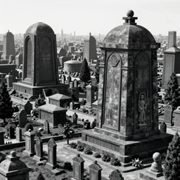 a city of tombs and tombstones, graveyard landscape, giant grave structures, giant tomb structures, dark fantasy, digital art, fantasy art