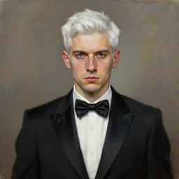 8 0 year old black suit white shirt, black bowtie, white haired man, determined, fearless, sharp looking portrait, oil painting