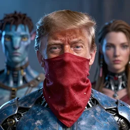 a stunning ultra detailed fantasy fine art portrait photo of donald trump from avatar movie, by tom bagshaw, michael cheval and natalie shau, bandana mask, 3 5 mm lens, golden ratio composition, deep depth of field, perfect eyes and face, biomechanical robot, cybernetic implants, cyberpunk, soft lighting, artstation, 8 k