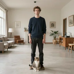 a portrait of a man and a cat in a wide room. the cat is sitting below the man