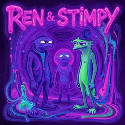 ren & stimpy cyberpunk textural fluid lines purple, pink, blue, green. otherworldly vaporwave interesting details fantasy lut epic composition by basquiat zdzisław beksinski james jean artgerm rutkowski moebius francis bacon gustav klimt