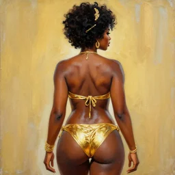 sc - fi movie poster from the 7 0's, young black thick bride dejah thoris seen from the back, gold bikini armor, acrylic painting, by leyendecker