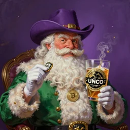 Uncle Aloysius SNAKEOIL brand Santa SIPTECH cellular petroleum vitamin crypto christmas cowboy corporate kitsch promotion, purple green color scheme, edible bull run token drink sponsored by UNCO