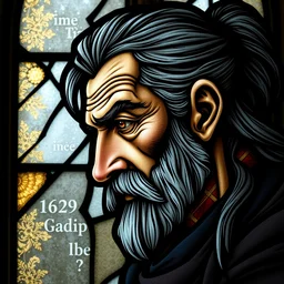 medieval stained glass window, detailed side - view portrait of an old witcher, amber eyes, dark grey hair, half ponytail, mustache, detailed and masterful, backlit