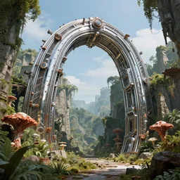 a giant chrome metal arch structure is surrounded by jungles and stone ruins, retro - futuristic, science - fantasy, ancient, rusted, fungal, salt, lgbt, queer, rpg, epic, dungeons & dragons, sacred, sharp focus, award - winning, extremely detailed, 4 k, 8 k