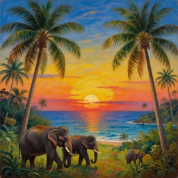 psychedelic surreal oil painting of a sri lankan landscape at sunset, coconut trees and elephants in the foreground, ocean sunset in the background, realistic oil painting by gustave dore, - h 6 4 0,