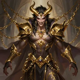 a highly detailed illustration of attractive demonic god of greed guy wearing gold chains, dramatic flashy smile pose, art by artgerm and greg rutowski and ilya kuvshinov, intricate, elegant, highly detailed, centered, digital painting, artstation, concept art, smooth, sharp focus, league of legends concept art, wlop.
