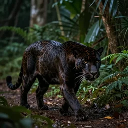 a beautiful black jaguar waling in the jungle at night, art by christophe vacher