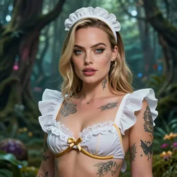 Margot robbie as a beautiful female maid wearing a magical bikini in a magical forest, detailed face, tattooed, piercing gaze, fantasy art, in the style of artgerm, illustration, epic, fantasy, intricate, hyper detailed, artstation, concept art, smooth, sharp focus, ray tracing, vibrant