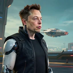 a screenshot of Elon musk with cybernetic modifications in cyberpunk 2077 showing the new starship