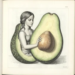 a page from codex seraphinianus of blueprint of merging of emma watson with avocado