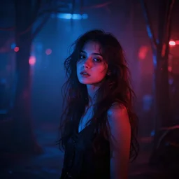 50mm f1.8 panoramic photography of a dreamy woman inside a sinister liminal space, blue and red neon lights, megalophobia, Bokeh, Graflex
