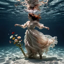 long and wide feminine dress underwater together with some flowers, by ernst haas