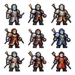 a set of pixel art knights for a videogame, very sharp