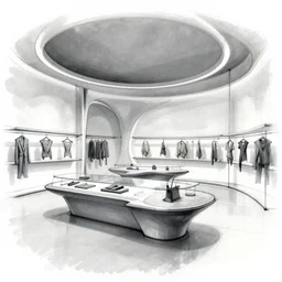 architectural sketch, futuristic store interior with display tables, by krenz cushart