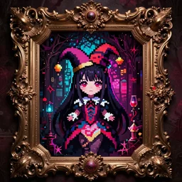 baroque bedazzled gothic royalty frames surrounding a pixelsort emo demonic horrorcore japanese beautiful jester decora moe doll, low quality sharpened graphics, remastered chromatic aberration, detailed maximalist sanrio art