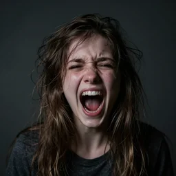 young girl with disheveled face messy hair dark atmosphere screaming expression