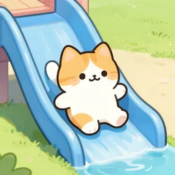 cute cat sliding down a water slide, digital art