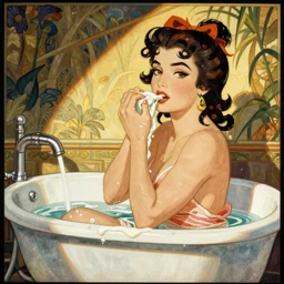 Betty Page taking a bath, sharp focus, illustration, art by alphonse mucha