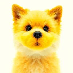 yellow fluffy dog with a yellow moustache and blank white eyes