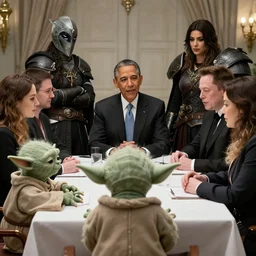 peoples around a table, obama, yoda, elon musk, mia khalifa, skyrim