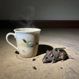 a moldy coffee cup with flies and a rotting mouse corpse next to it, scary, wide angle phone shot, a large ammount of dust is in the room.