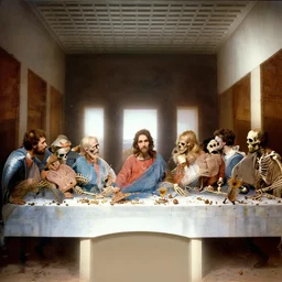 the last supper but everyone is a skeleton