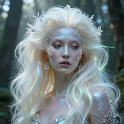 beauteous goddess sumptuous face, with incredible iridescent pearlescent voluminous fluorescent neon laser beam hair, delicate crystalline masterpiece incrustations, by h. r. giger, hyperdetailed face, elegant pose, movie still, intricate, octane render, cinematic forest lighting, unreal engine, crepuscular rays, god rays