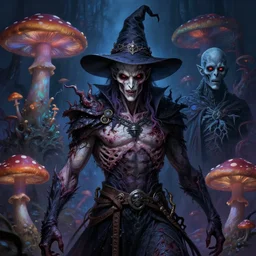 “ a male witch villain with dessicated skin and psychedelic mushrooms, similar to the night king from game of thrones, similar to vecna from d & d, stranger things, d & d, fantasy, intricate, cinematic lighting, highly detailed, digital painting, artstation, concept art, smooth, sharp focus, illustration, art by artgerm and greg rutkowski and alphonse mucha ”
