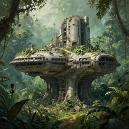 abandoned brutalist alien space station in lush jungle, close up, wadim kashin, clinton felker, digital painting, xf iq 4, f / 1. 4, iso 2 0 0, 1 / 1 6 0 s, 8 k, raw, featured in artstation, octane render, cinematic, elegant, intricate, 8 k