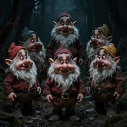 seven dwarfs, realistic, scary, dark atmosphere, horror