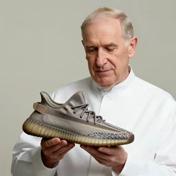 john paul ii holding a yeezy sneaker, admiring it