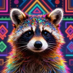 Rainbow racoon face by Sylvia Ritter with neon rainbow aztec geometric patterns in background